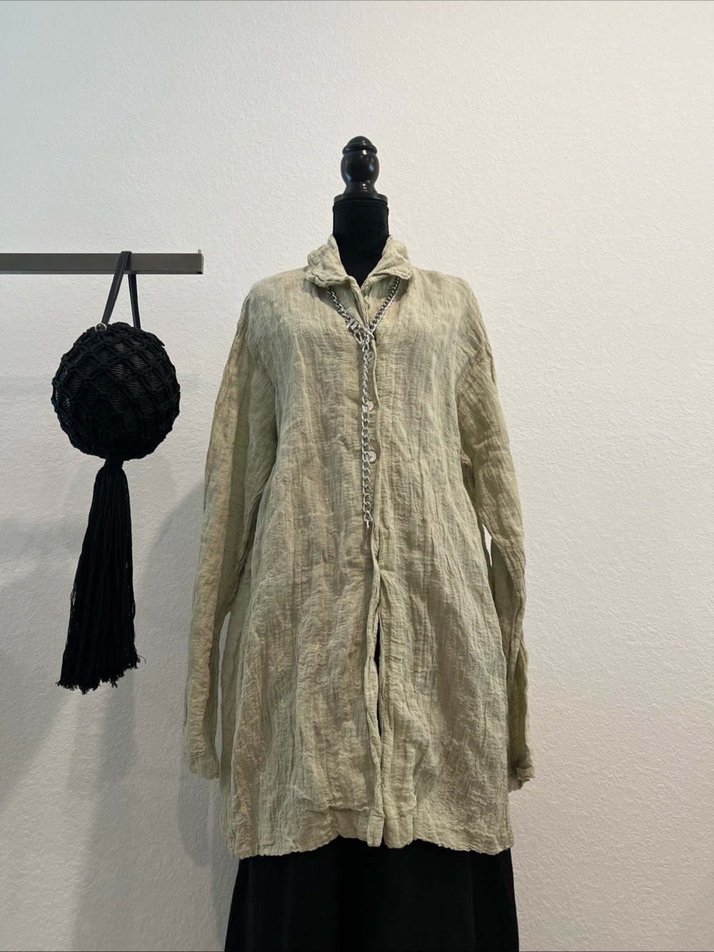 Light Olive Long-Sleeve Linen Shirt Dress